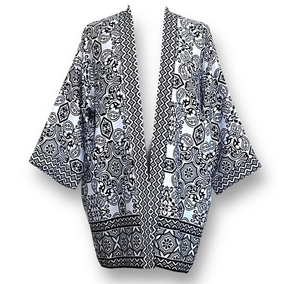 Chico's Sweaters - Chicos Womens Kimono Topper Jacket Sz 1 M 8 10 Black White Reversible Boho Beach